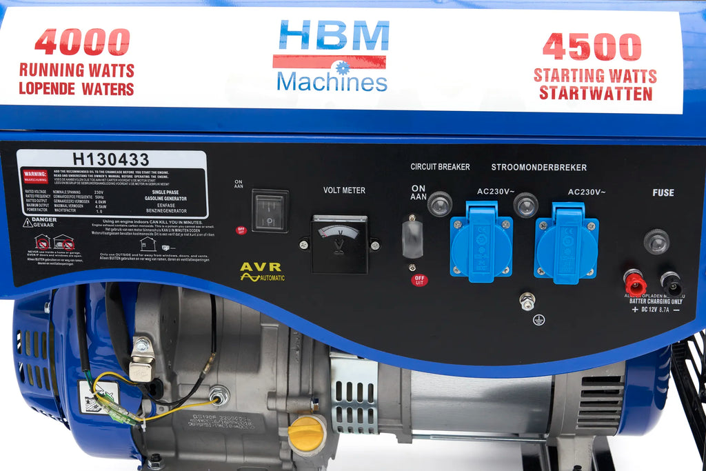 HBM 4300W Generator, Aggregaat Met 389 cc Benzinemotor, 2 x 230 V / 12 V